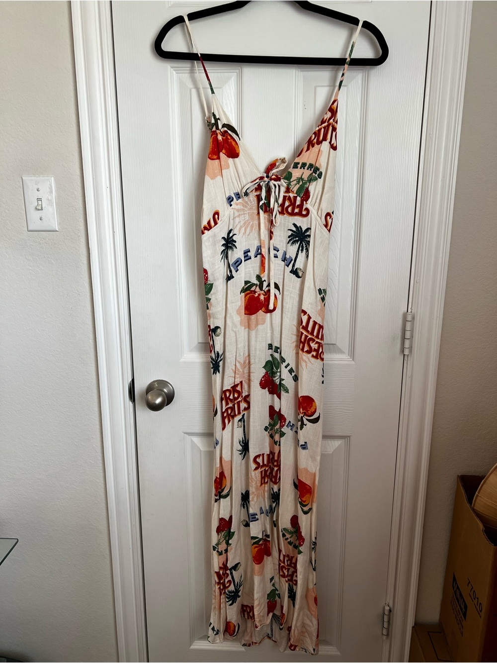 Cream Fruit-Print Maxi Dress with Adjustable Tie